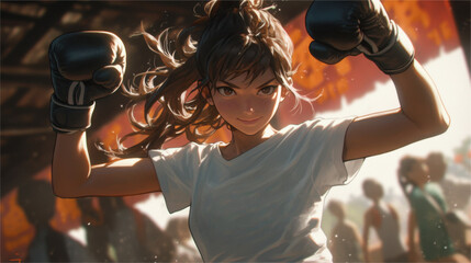 Anime-inspired female boxer showcasing charm in the ring, displaying determination and grace in combat sports.
