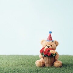Teddy Bear with Bouquet of Roses and Party Hat on Green Grass