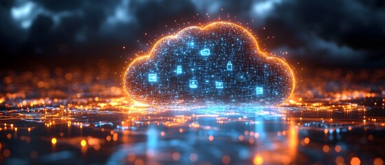 vector illustration of a blue color 3d cloud is connected with digital neon circuit lines. cloud computing, technology, remote servers, cloud hosting