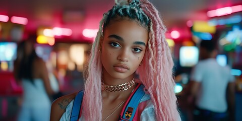 Obraz premium Fierce College Girl With Natural Style in Colorful Arcade on a Lively Evening