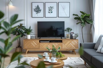 Fototapeta premium Stylish Scandinavian-style wooden TV stand with geometric patterns, light wood grain, black sofa, framed pictures, and cozy lighting.