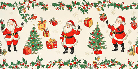 Fototapeta premium Weihnachtsmann Geschenkpapier Postkarte oder Hintergrund. Nostalgisch