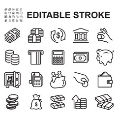 Set of financial icons. Thin line style vector. Contains icons such as banknotes, money safe, coins and others.