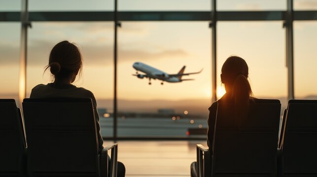 Departures at Sunset: Two women, silhouettes against the golden glow of a setting sun, watch an airplane taking off from a busy airport. Capturing the bittersweet emotion of farewells