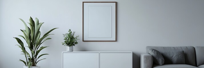 Plain background in a living room with gry sofa and whit cabint.