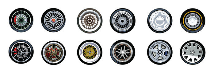 collection of car wheels with different rim variants on a white background