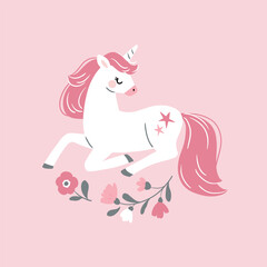 Hand drawn vector cute unicorn with flowers. Perfect for tee-shirt logo, greeting card, sticker, clip art or nursery decor. EPS10 vector file. © MirabellePrint