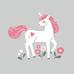 Hand drawn vector cute unicorn with flowers. Perfect for tee-shirt logo, greeting card, sticker, clip art or nursery decor. EPS10 vector file. © MirabellePrint