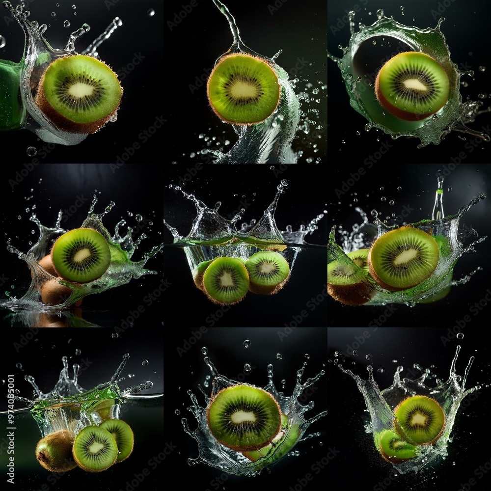 Poster a collage of nine images showcasing kiwi fruit slices falling into water, creating vibrant splashes.