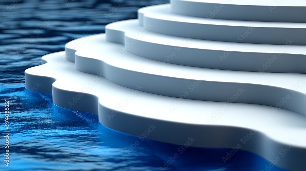 Aufkleber abstract design featuring layered white shapes above shimmering blue water, creating a serene and mo