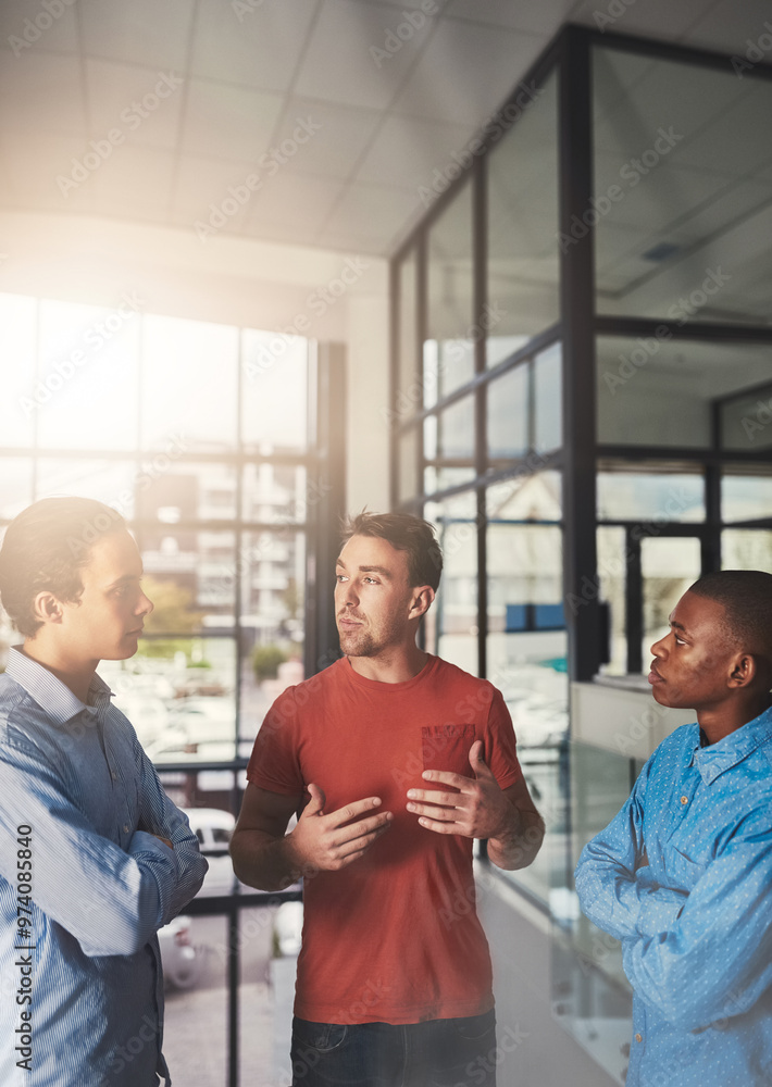 Poster men, discussion and colleagues in business meeting or office as project manager in architecture firm