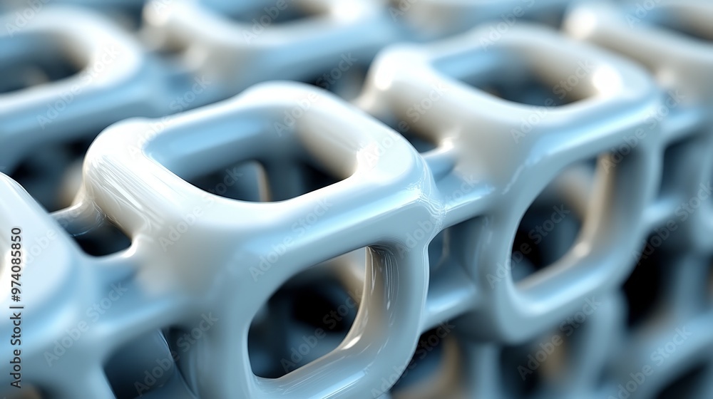 Poster close-up of an abstract structure featuring interconnected geometric forms in a smooth, glossy blue 