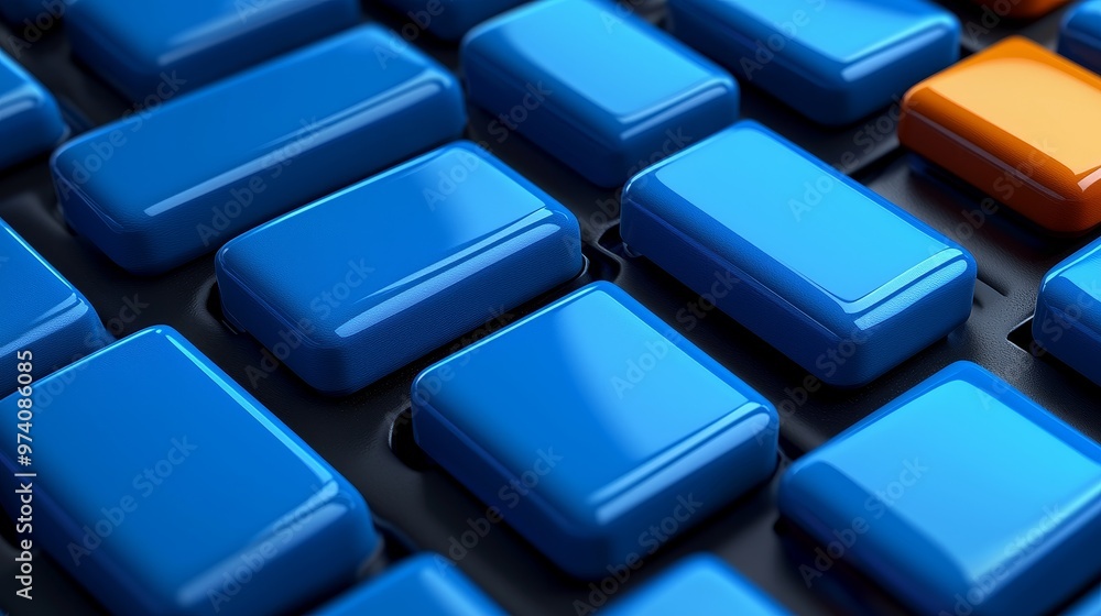 Poster close-up view of blue and orange keyboard keys, emphasizing modern design and technology, perfect fo