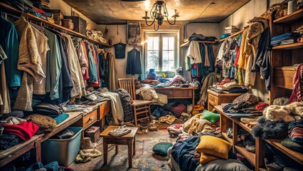 Cluttered, dimly lit room overwhelmed by piles of old clothes, dusty trinkets, and forgotten memorabilia, evoking a