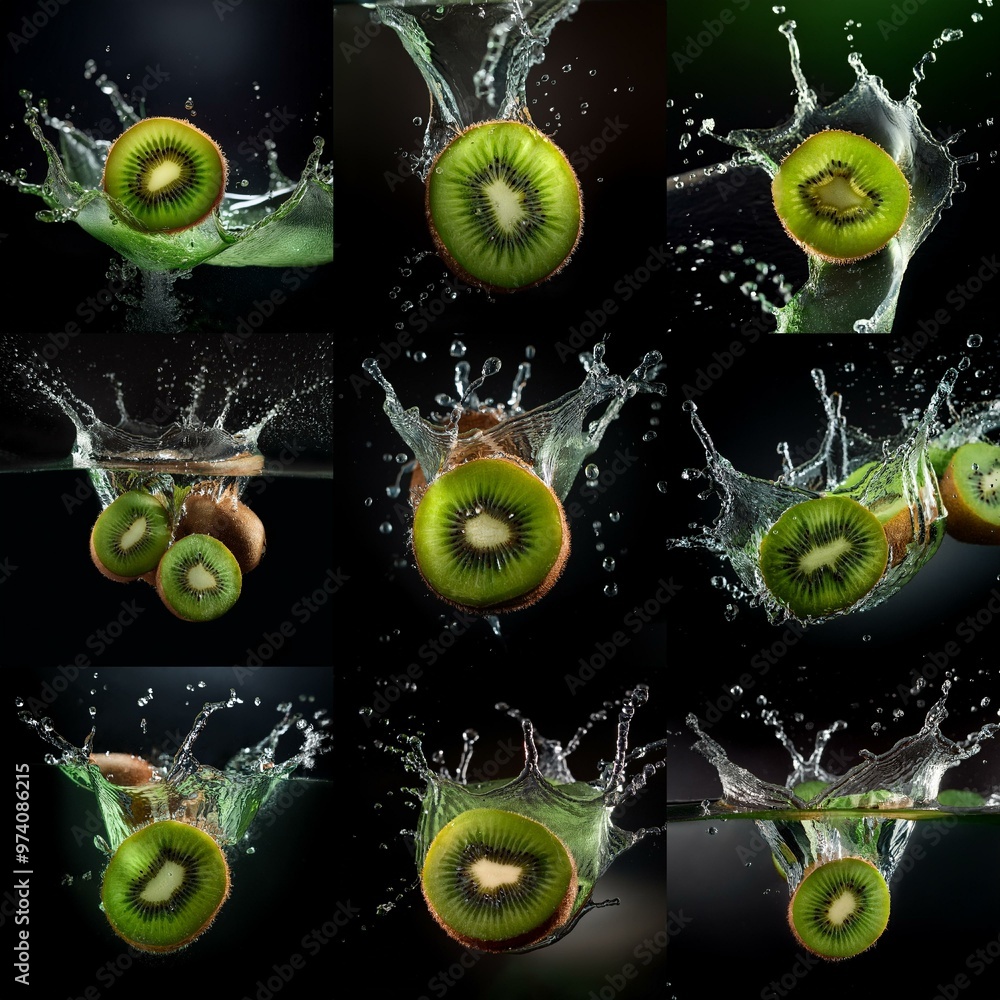Poster kiwi fruit slices splashing into water with a dark background.
