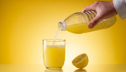 Refreshing lemon juice poured from a bottle into a glass, creating a vibrant splash against a bright yellow backdrop.