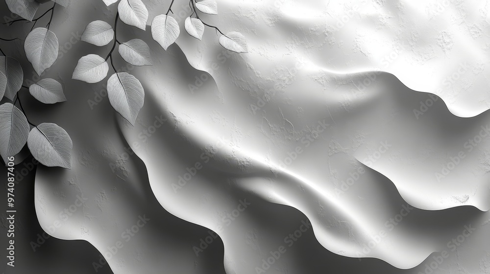 Poster elegant white fabric with soft waves and delicate leaves, creating a serene and tranquil atmosphere 