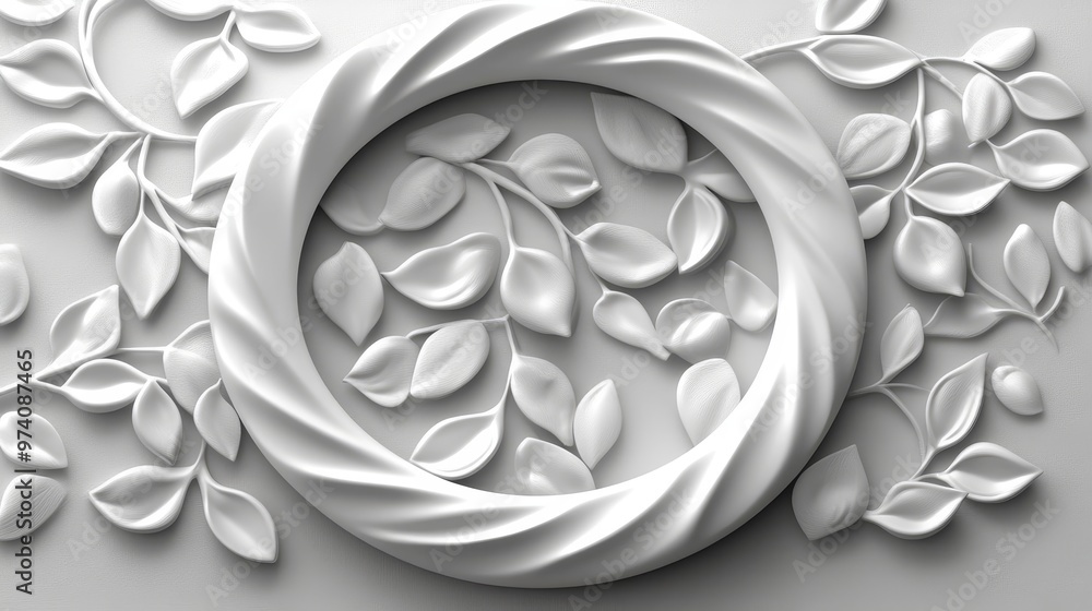 Poster elegant white relief design featuring a circular frame with intricate leaf patterns, ideal for moder