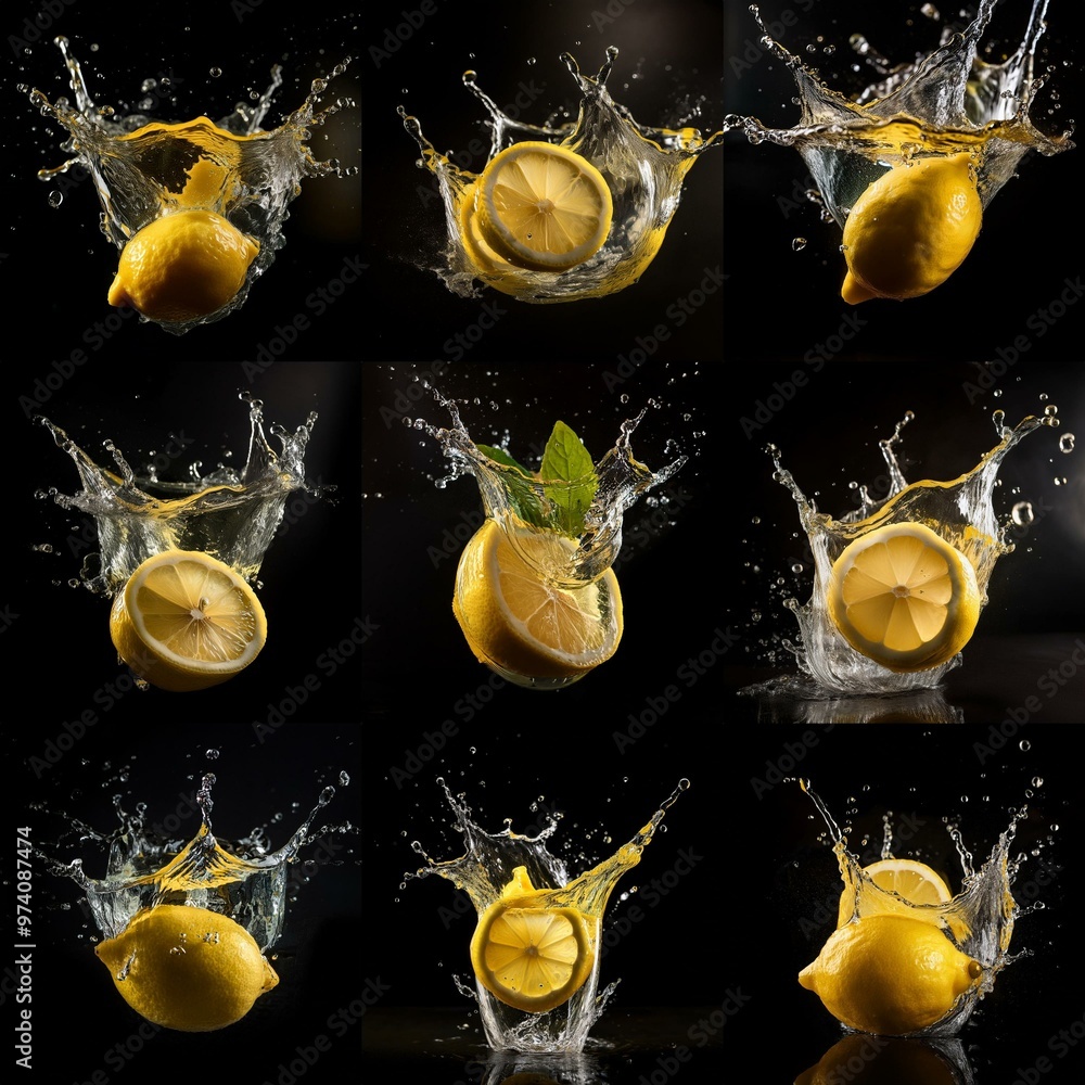 Poster Lemons splashing into water creating a large crown of water droplets on a black background.