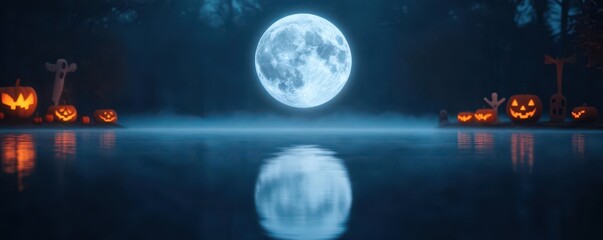 Obraz premium A full moon reflecting in a still, dark lake, surrounded by Halloween decorations and eerie fog, full moon reflection, dark lake, Halloween