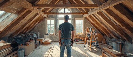 A man stands in a spacious attic, surrounded by wood and tools, contemplating renovation ideas in a sunlit room.