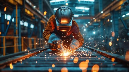 Closeup workers wearing industrial uniforms and using electric arc welding machine to weld steel at factory. Metalwork manufacturing and construction maintenance service by manual skill labor concept.