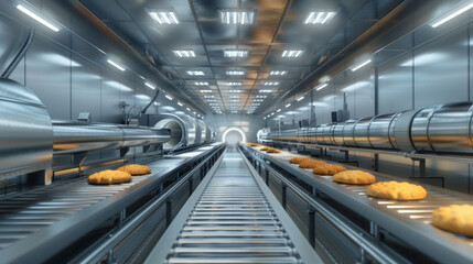 Fototapeta premium Cooling Tunnels: Conveyor belt systems for cooling baked goods after baking
