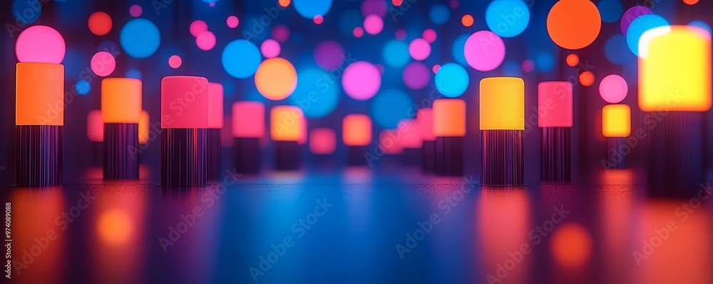 Aufkleber vibrant abstract scene with colorful glowing cylinders and circles creating a lively atmosphere, per