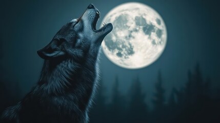 A werewolf howling at the October full moon, surrounded by a dark, eerie forest, werewolf, howling, full moon