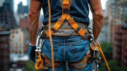 Construction workers hook up safety belts At construction working buildingWorking at height equipment Construction worker wearing safety harness and safety line working on construction at high place. 