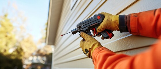 A worker using a power tool to secure materials to a home exterior, showcasing craftsmanship and home improvement.