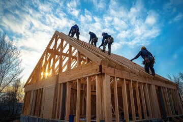 Construction workers building a wooden house at sunset, showcasing teamwork and craftsmanship in a stunning sky.
