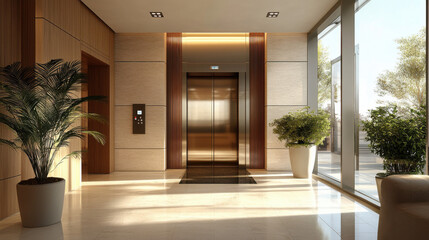 Modern Bright Residential Elevator Interior with Clean Lines and Comfortable Ambiance. Contemporary home lift design showcasing sleek architecture and cozy environment.