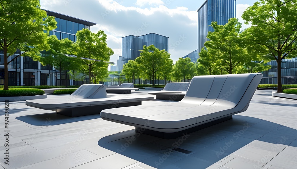 Wall mural contemporary urban square design featuring innovative architecture and functional public furniture