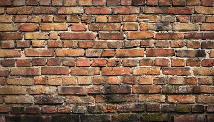 Fototapeta premium Grungy old brick wall background. Dirty grunge brick texture. Vintage old wall backdrop.