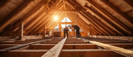 Craftsmen working on a wooden frame in a sunlit attic, showcasing construction progress and skilled labor.