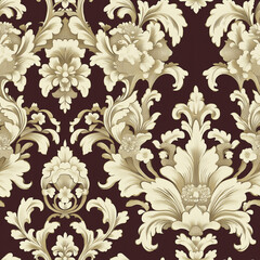 Obraz premium Decorative damask pattern with floral motifs on a maroon background and beige accents. 