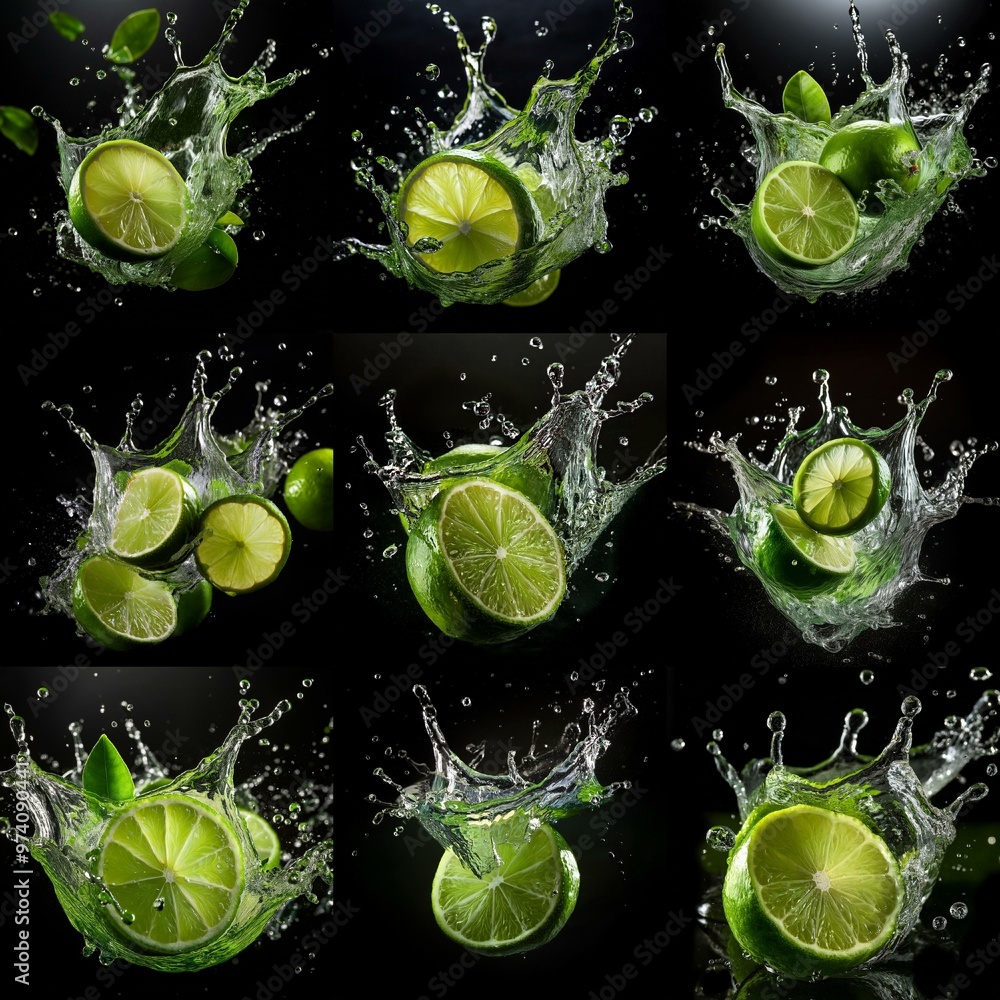 Poster lime slices splash in water, creating a dramatic and refreshing display against a black background.