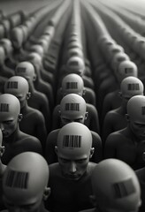 Fototapeta premium A dystopian and dehumanizing vision of a large crowd of identical bald figures, all with barcodes printed on their heads