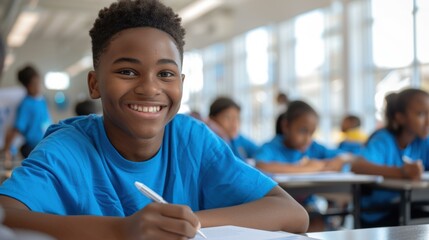 Fototapeta premium A young student smiles as he writes in his notebook. AI.