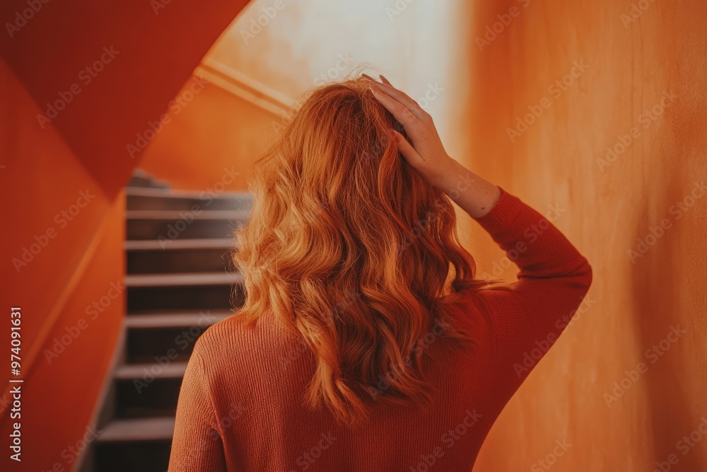 Wall mural back view of unrecognizable young redhead female standing in building with orange walls near stairca