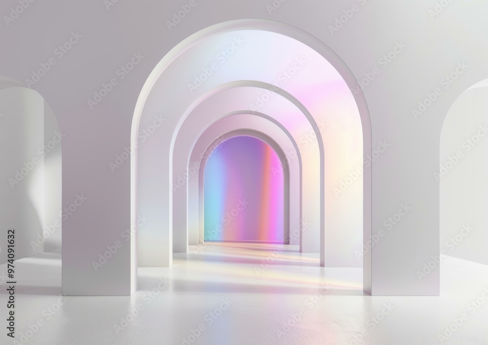 Canvas Prints A white hallway with arches and iridescent light. AI.