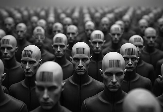 A dystopian and dehumanizing vision of a large crowd of identical bald figures, all with barcodes printed on their heads