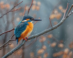 A colorful bird perches on a branch in the rain. AI.