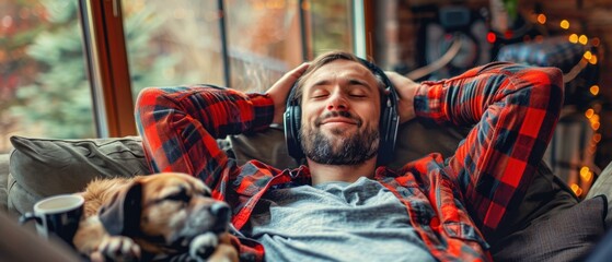 Naklejka na ściany i meble Relaxing at home with music and a furry friend. AI.