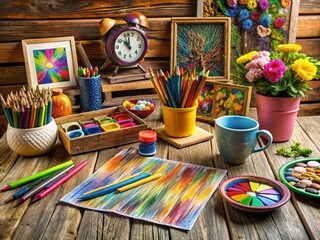 Obraz premium Colorful crayons and creative cards clutter a rustic wooden desk, surrounded by captivating canvases, curious clocks,