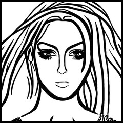 Fototapeta premium Fictional female character. Black and white line art. Logo design for use in graphics. T-shirt print, tattoo design.