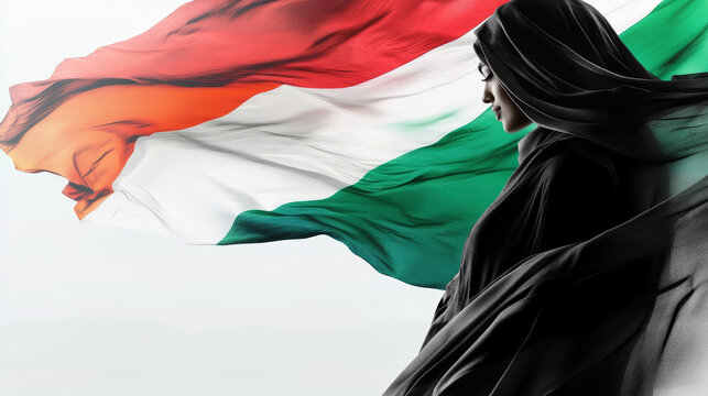 A Hijabi woman with a background waving Emirati flag representing the rise of women leadership in UAE