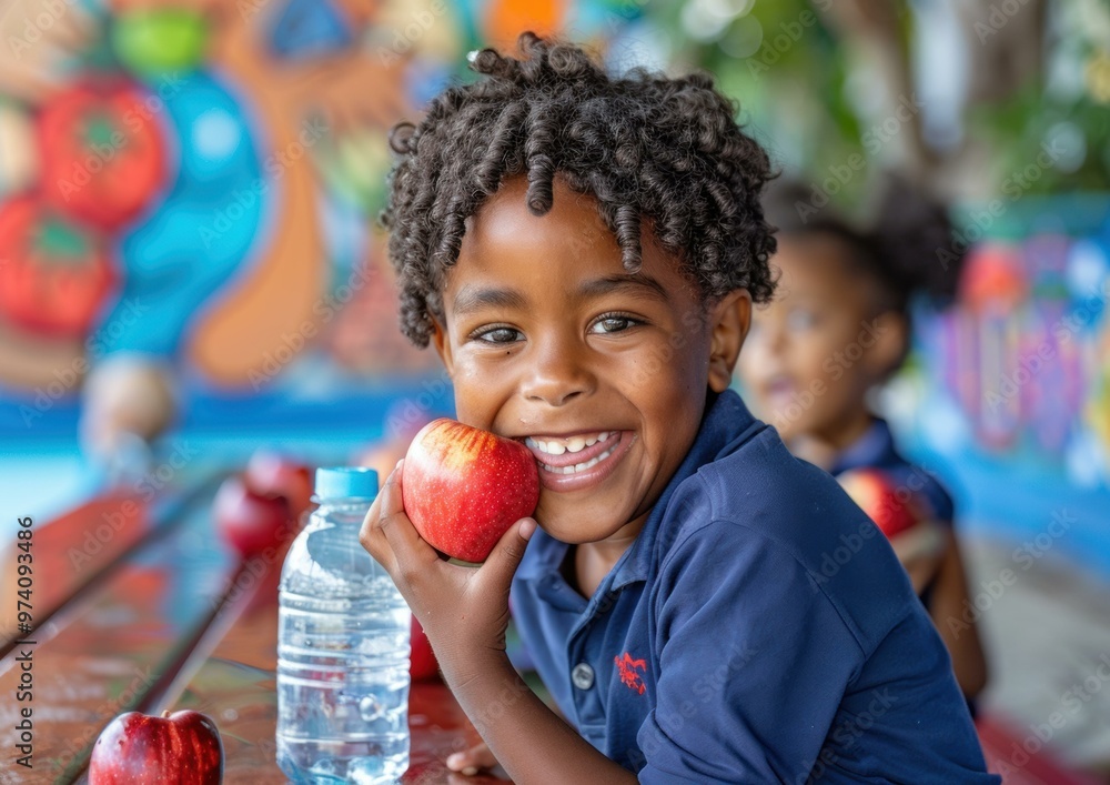 Canvas Prints A young boy smiles while eating an apple. AI.