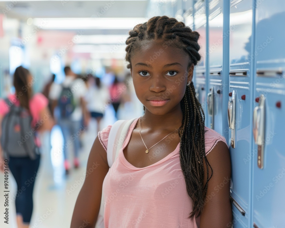 Sticker A young girl stands by a locker in a school hallway. AI.